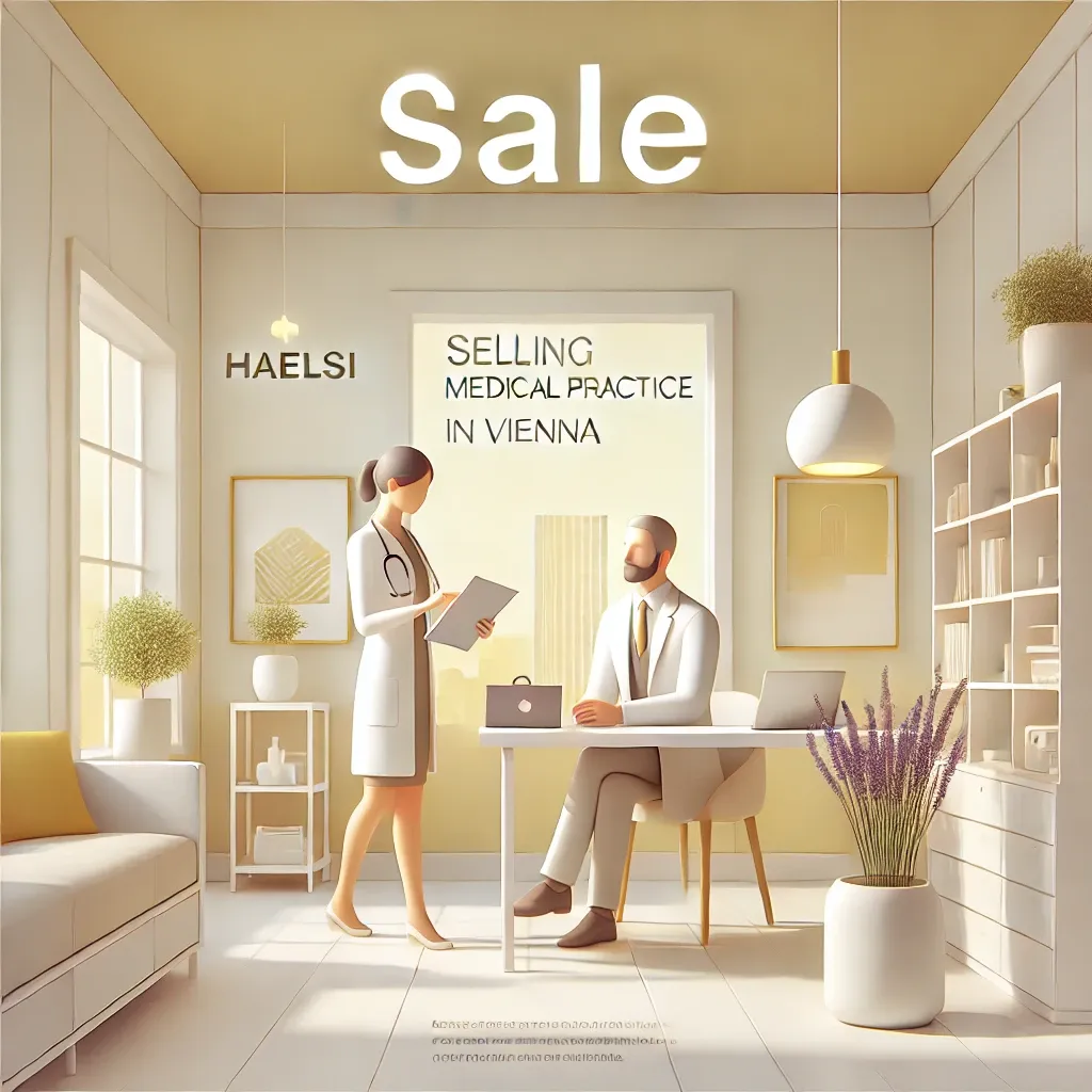 Modernes Wartezimmer einer Arztordination in Wien mit einem Schild ‚Ordination zu verkaufen‘.